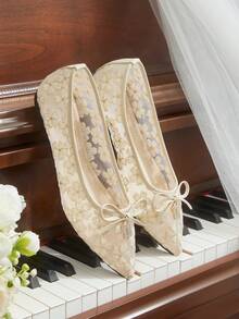 CUCCOO HITCHD Pointed Toe Mesh Breathable Bow Lace Ballet Shoes, Elegant Lady Versatile Beige Slip-On Shoes - Beige - View 1