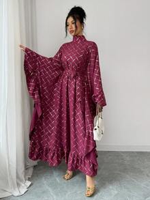 Elenzga 女士箔片格纹高领喇叭袖优雅长裙 - 紅色 - 查看 3