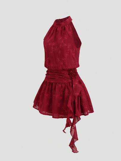 SHEIN Sweetro Summer New Arrival Wine Red Sexy Romantic Beach Vacation Soft Sleeveless Cinched Waist 3D Floral Ribbon High-End Embroidery Mini Dress For Women