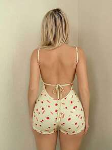 Sweetina Women's Letter & Cherry Print Backless Sexy Bodycon Romper For Party - Light Yellow - View 2