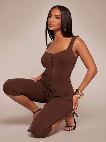 Radiana 2pcs/Set Sexy Casual Brown Ribbed Knit Outfit, Metal Eyelet Decor Square Neck Hollow Criss-Cross Strap Camisole And Fitted 7/8 Pants, Comfortable Fitted Casual Set, High-Quality Stretchy Knit Fabric, Body-Hugging, Curve-Flattering, Suitable For Daily Casual Outings, City, Shopping, Party, Workout