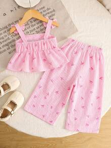 Emery Rose Kids Emery Rose Kids Bộ đồ thể thao thường ngày cho bé gái, thích hợp đi học, nghỉ hè, đi làm, gồm áo hai dây dáng chữ A phối họa tiết, thắt nơ và sọc, kết hợp cùng quần ống rộng cũng phối họa tiết. - Hồng - Xem 4