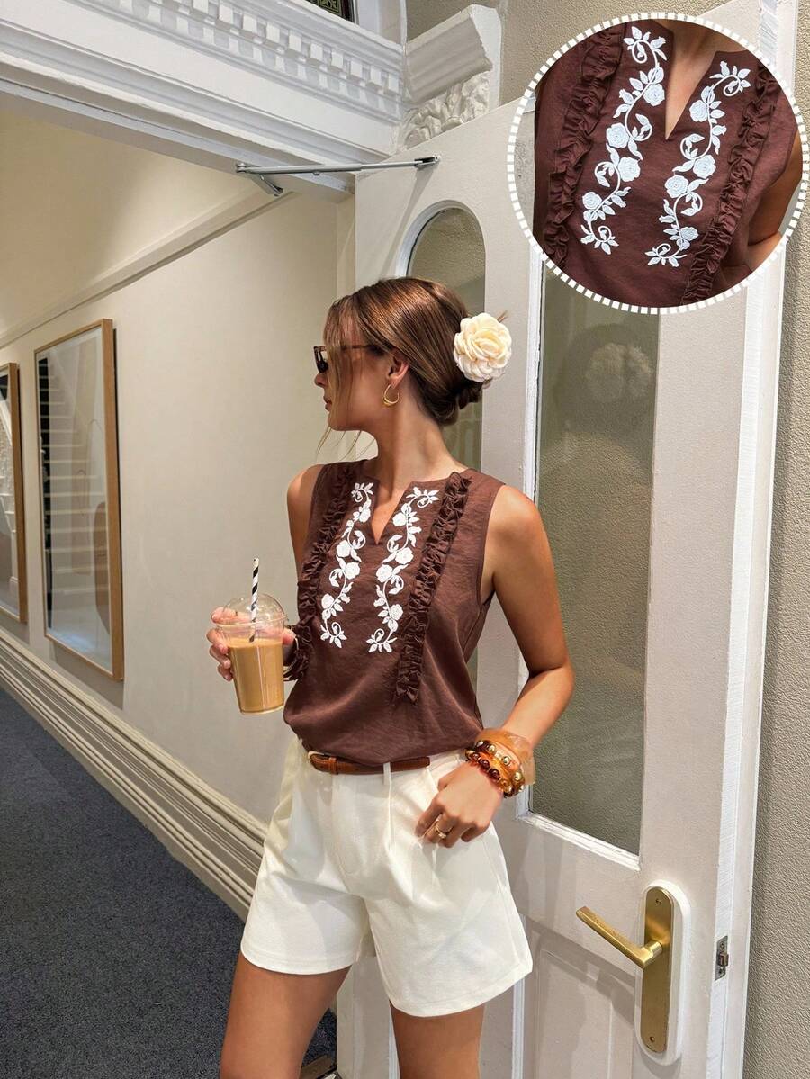 SHEIN Frenchy Women's Frenchy Casual Brown Linen Look Contrast Color White Floral Embroidered Ruffle Trim Notch Neck Sleeveless Boho Blouse Top,Summer,Casual Office, French Style,Business Casual Woman,Elegance,Old Money Style,Beach Vacation Resort Wear Boho Top Going Out Tops Women Casual,Summer,Carnival Women Look 2026 2026,Summer Holiday,Brown Top Brown Embroidered Top - Brown - View 1