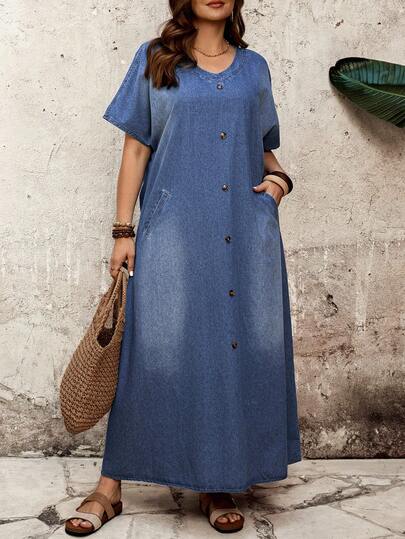 EMERY ROSE Đầm denim dáng rộng, cổ chữ V, có túi, cài nút, thích hợp mặc hàng ngày, dành cho nữ cỡ lớn.