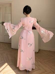 DAZY 女士优雅亮片花卉褶皱系腰中长连衣裙，春夏婚礼宾客礼服，女士长款连衣裙 - 粉色 - 查看 2