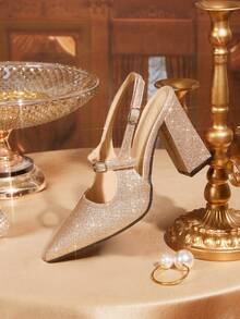 CUCCOO TILAWA 女士时尚玫瑰金尖头粗跟高跟鞋 - 金色 - 查看 4