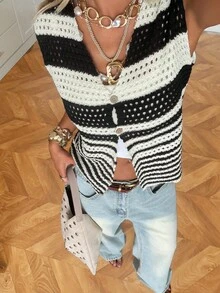 SHEIN EZwear Áo vest dệt kim khoét lỗ một hàng cúc, kẻ sọc nhiều màu dành cho nữ - Nhiều màu - Xem 7