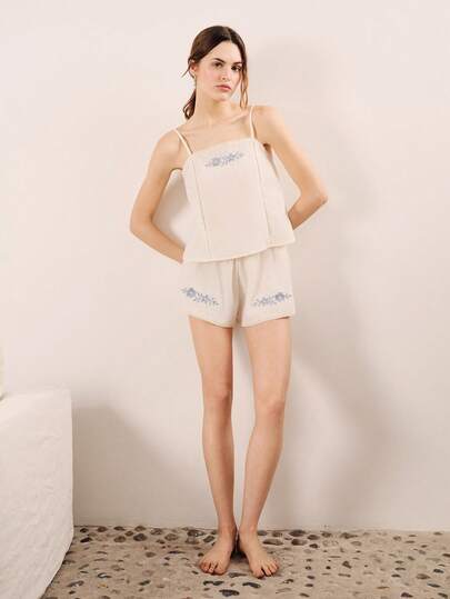 lacRébo Vintage Two Pieces Cream Pajama Set With Sky-Blue Floral Embroidery And Lace Trims Cute Style Boho White Sleepwear Set