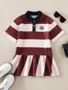 SHEIN Casuvi Kids Vestido Casual Feminino Primavera/Verão, Estilo Universitário Americano Fresco e Doce, Design em Contraste de Cor com Listras e Retalhos, Gola Polo, Manga Curta, Camiseta Ajustada, Saia Curta Alfaiatada, Decoração Bordada Exquisita, Nova Chegada Sazonal - Vinho - Visão 4