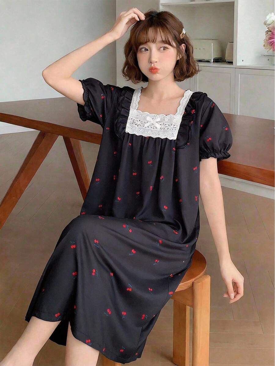 Girls' Loose Fit Short Sleeve Nightgown,Ruffle Collar Cute Summer Black Birthday Sleep Dress,Comfortable Little Girl Cherry Strawberry Pajama Dress - Black - View 1