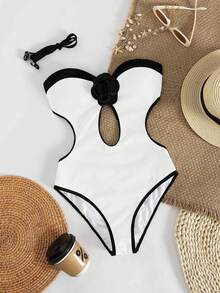 Bonvoyette New Arrival Spring/Summer Small Stripe Black & White Contrast Spaghetti Strap Hollow-Out Viral One-Piece Swimsuit Black And White Swimsuit Cutout One Piece Swimsuit One Piece Bathing Suit - Black and White - View 5