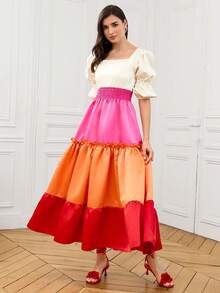 LOTSLUV Vestido elegante de manga bufante com decote quadrado verde escuro, cintura marcada e saia em A com babados, Vestido longo de verão elegante para mulheres, Vestido elegante para festa, casamento e convidados, Vestido de verão para mulheres, Vestido de festival, Vestido de férias - Multicolorido - Visão 3