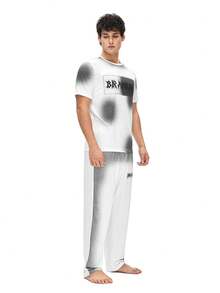 Rest Era Men's Casual Pajama Set With Zebra Print Short Sleeve T-Shirt And Long Pants - White - View 4