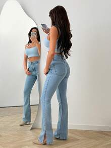 SHEIN Split Hem, High Waist, Slim & Strech, Flare Fit Jeans, Denim Pants - Light Wash - View 7