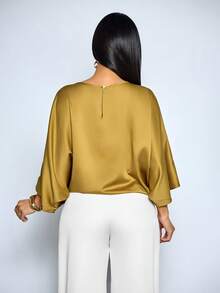 SOLERSUN Women's Elegant Loose-Fit Casual Party Luxury Satin Batwing Sleeve Blouse With Drawstring Hem - Mustard Yellow - View 2