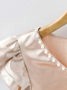 GlowEve Women's V-Neck Bubble Bead Ruffle Hem Sleeveless Casual Satin Fitted T-Shirt, Spring/Summer - Champagne - View 6