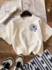 DrmWander Áo thun nữ cỡ lớn dáng rộng, in chữ hoạt hình ngộ nghĩnh, vai rớt, thích hợp mặc hàng ngày đi làm. - Màu be - Xem 2