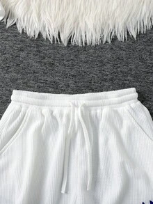 SHEIN 少女白色罗纹休闲针织圆领短袖英文印花套装 - 白色 - 查看 4