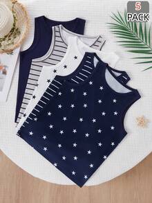 paquete de 5 piezas de camisetas sin mangas casuales y cómodas para niños con estampado de rayas y estrellas, ligeras, suaves y versátiles, aptas para todas las estaciones - Multicolor - Ver 6