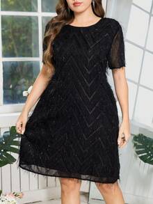 SHEIN Clasi 大码女式纯色圆领短袖流苏优雅连衣裙 - 黑色 - 查看 4