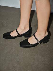 女士3厘米布面包跟黑色时尚百搭玛丽珍低跟粗跟优雅平底鞋，另有藏蓝色、咖啡色、酒红色可选 - 黑色 - 查看 7