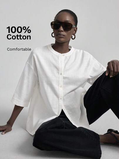 Ontre 2026ss Women's Comfortable And Skin-Friendly Loose Fit Dropped Shoulder 3/4 Sleeve Shirt With Front And Back Pleated Design, Modest Vacation Casual Chic, High-End Cruise Wear, Middle Eastern Minimalist Luxurious Feel, Versatile For Business Casual, Commuting, Airport, All Seasons All Season Modern Urban Casual Fashion Business Casual Women's Office Wear Low-Key Old Money Style Effortless Temperament High-End Urban Commuting High-Quality Airport Women's Wear High-End Material