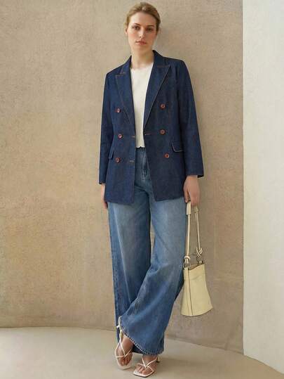 MOTF PREMIUM 大码女式藏蓝色双排扣休闲牛仔西装外套