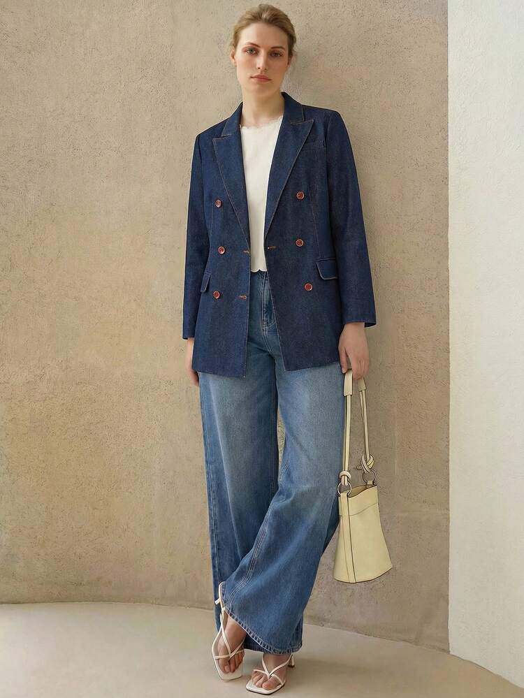 PLUS SIZE WOMEN NAVY BLUE DOUBLE BREASTED CASUAL DENIM BLAZER