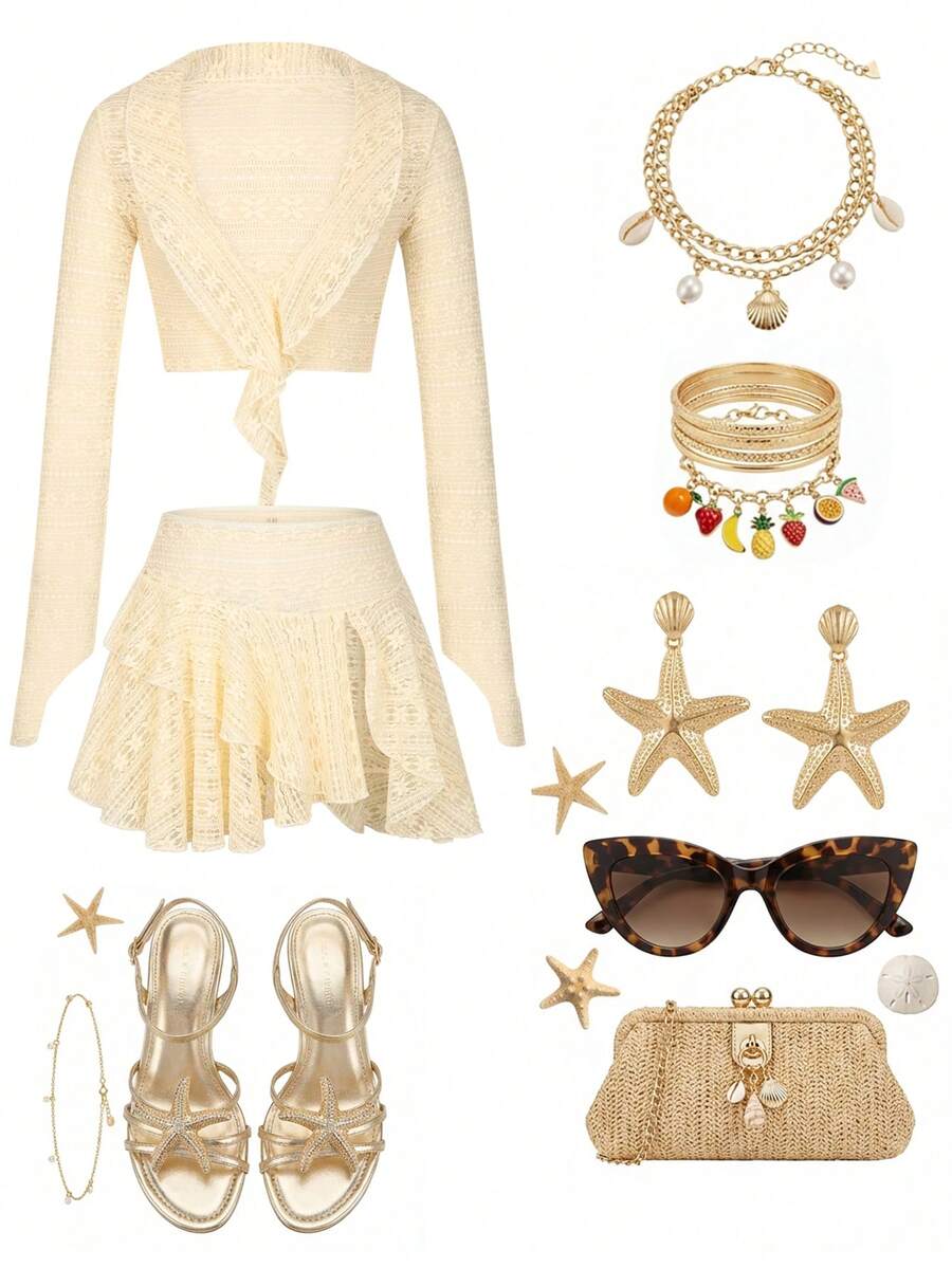 Swim Vcay 女士特制面料深V领长袖荷叶边下摆网纱两件套罩衫 - 米色 - 查看 1