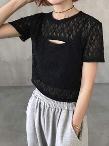 FRIFUL Women's Round Neck Lace Fabric Hollow Out Cropped Sheer Top - Black - View 1