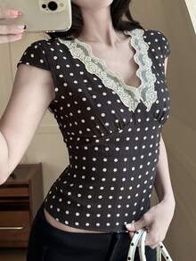 DAZY Women's Lace Patchwork Polka Dot Fitted T-Shirt, Summer - Black and White - View 6