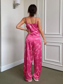 Conjunto de pijama de camiseta de tirantes y pantalones de seda sintética con estampado de lazo - Rosa Fucsia - Ver 2