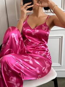 Conjunto de pijama de camiseta de tirantes y pantalones de seda sintética con estampado de lazo - Rosa Fucsia - Ver 4
