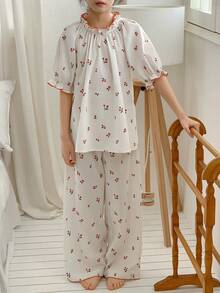 DAZY 少女樱桃印花立领插肩袖上衣和裤子睡衣套装 - 白色 - 查看 3
