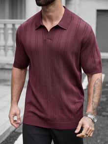 Manfinity Homme 加大码男士纯色 Polo 领短袖针织衫 男士针织衬衫 男士短袖休闲男士纽扣针织 Polo 衫 男士 V 领罗纹酒红色男士衬衫 - 彩色 - 查看 5