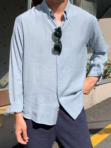 DAZY Men's Long Sleeve Solid Blue Shirt, Spring Summer - Blue - View 6