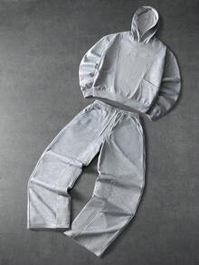 Manfinity Roghcode 男士休闲纯色连帽衫和抽绳裤套装，男士弹力纯色街头风灰色保暖运动套装，男士运动服，男士两件套运动服，秋冬春夏皆宜，夏季，度假，复古，外出，派对，节日，送男友的礼物，街头风，健身 - 灰色 - 查看 3