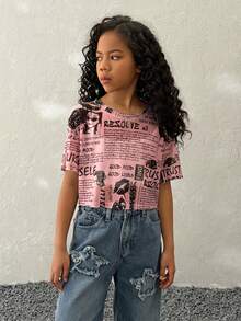 Coolane Kids 少女春夏报纸印花网纱露脐短袖上衣 - 粉色 - 查看 4