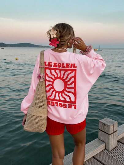 DrmWander Women's Vacation Vibe Casual Letter & Sun Print Round Neck Drop Shoulder Long Sleeve Sweatshirt