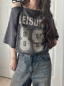 FRIFUL Women's Casual Loose Fit Off-Shoulder T-Shirt With Bowknot Strap And Letter Print, Suitable For Spring And Summer - Grey - View 7