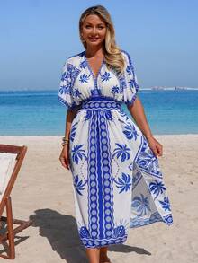 Swim Lushoire 畅销沙滩度假休闲印花短袖深V领侧开衩罩衫 - 彩色 - 查看 3