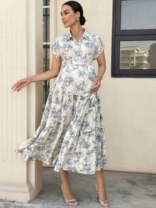 MaterniWear 孕妇度假风印花蝙蝠袖层叠下摆系带连衣裙，夏季 - 藍色 - 查看 9