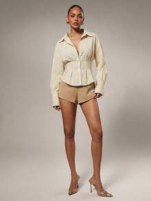 Hauture 女士休闲通勤条纹腰部纽扣前开襟长袖衬衫，秋季款 - 黃色 - 查看 3