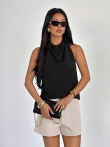 SHEIN PETITE Neue elegante Bluse für Frühling/Sommer, Vintage moderner asymmetrischer Kragen, ärmelloser Trägertop mit Rückenausschnitt und Schleifendekor, tailliertes schwarzes Bürohemd für Konzerte und Raves, Rave Top - Schwarz - Übersicht 5