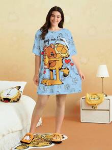 GARFIELD | SHEIN 夏季加大码可爱卡通猫咪印花圆领宽松睡裙 - 藍色 - 查看 5