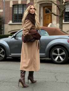 FLORETTA ÉLENA 女士休闲宽松长款驼色大衣，带人造毛领，冬季外套 - 駝色 - 查看 4