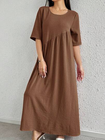 Mulvari Women's Solid Color Round Neck Short Sleeve Pleated Casual Loose Dress