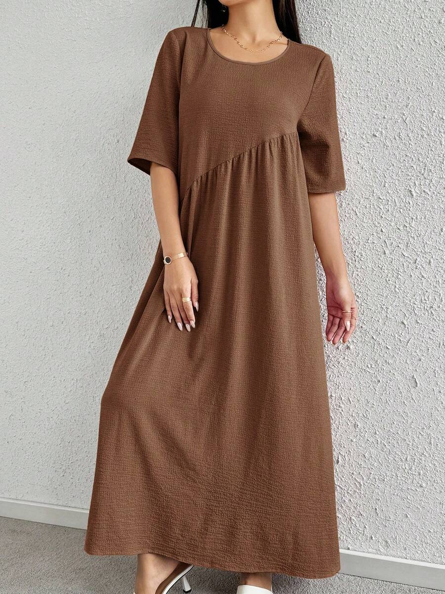 Mulvari 女士纯色圆领短袖褶皱休闲宽松连衣裙 - 棕色 - 查看 1