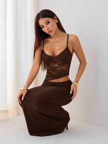 SHEIN PETITE 女款蕾絲拼接鏤空性感派對美人魚式細肩帶洋裝，夏季女裝，適合嬌小女性 - 棕色 - 查看 2