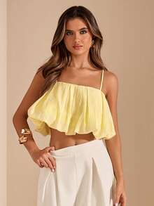 SHEIN BAE 1. Solid Yellow Textured Bubble Halter Top, Elegant Blue Top - Yellow - View 7